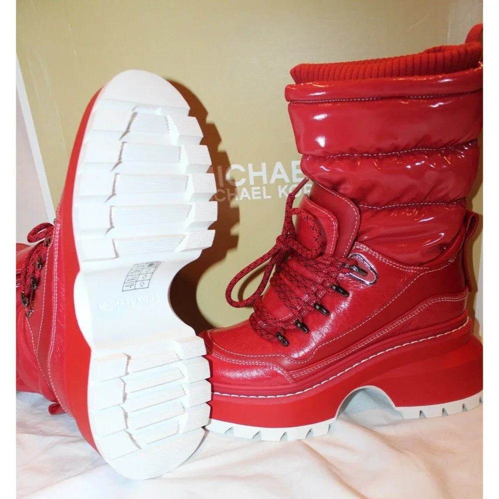 Michael Kors Women Shiloh Combat Boot Mixed Media Red Leather Size 6.5 NIB $295